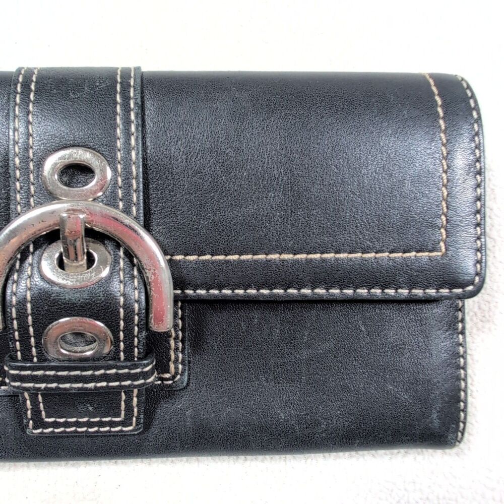 Vintage Coach Soho Clutch Black Leather Wallet Accordion Buckle Contrast Stitch - Picture 10 of 15
